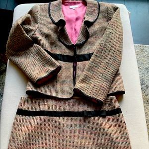 Symmetry tweed black and cream pinstripe fitted mini skirt suit
